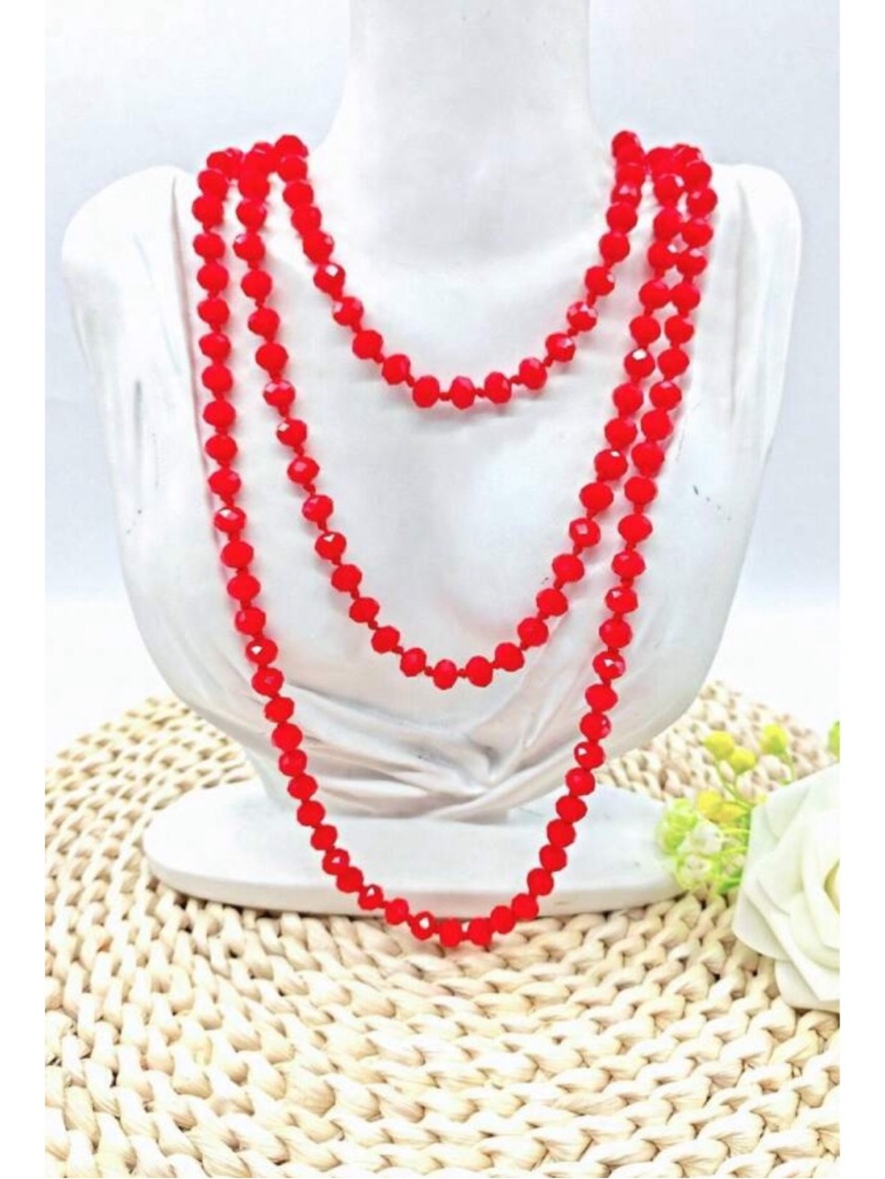 Red Glass Faceted Crystal Long beaded necklace